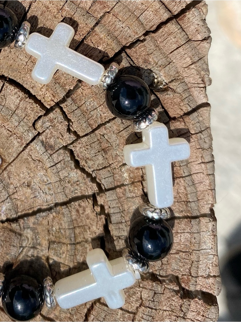 Pearl White Cross & Black Bead Stretch Bracelet | From Sea to Country